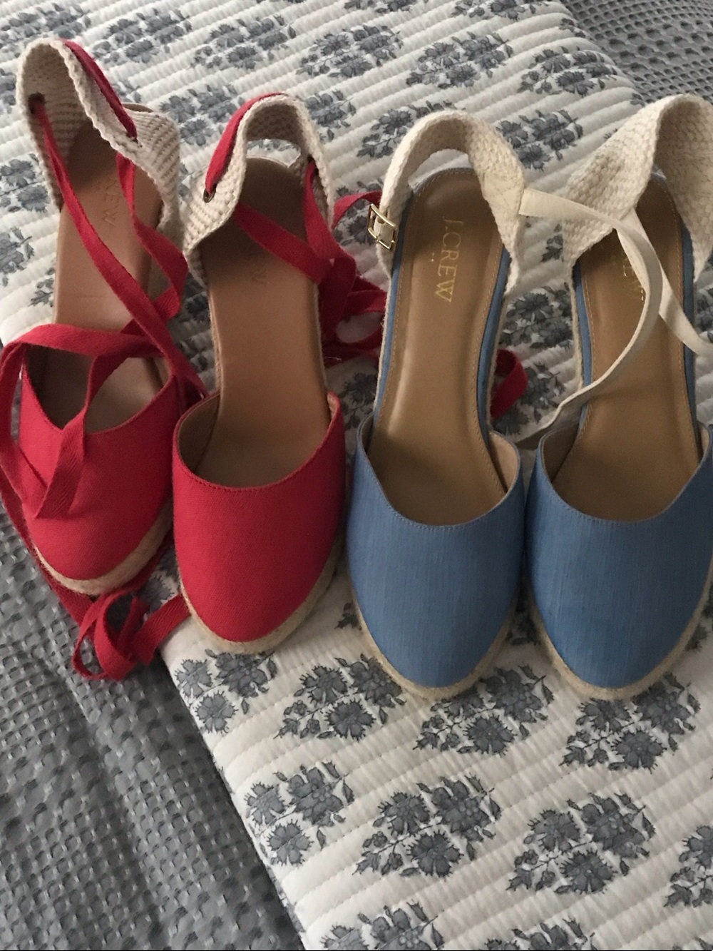 J. Crew Red and Blue Canvas Espadrille Wedge Sandals